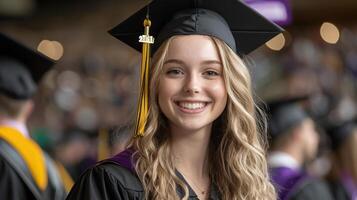 A woman wearing a graduation cap and gown is smiling for the camera photo