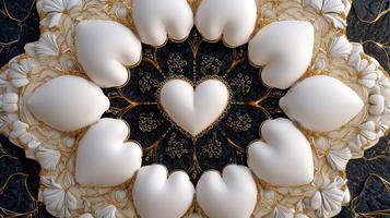A gold and white design of hearts is arranged in a circle photo