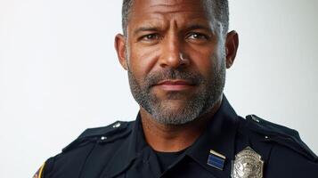 A black police officer with a beard and a badge photo
