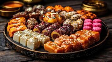 A tray of assorted candies and pastries on a wooden table photo