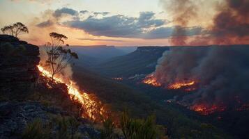 A forest fire is burning in the distance, with smoke photo