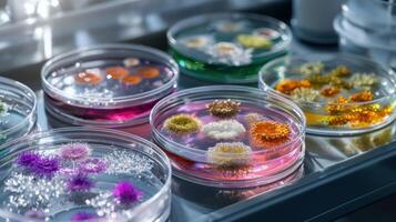A tray of glass petri dishes with various colored flowers and plants photo