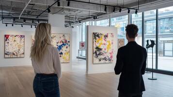 A man and a woman are standing in front of a room full of paintings photo