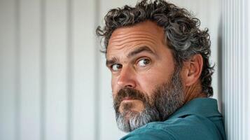 A man with a beard and gray hair is standing in front of a white wall photo