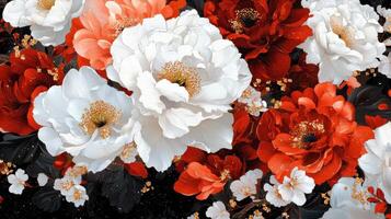 A painting of a bouquet of flowers with white and red flowers photo