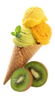 Stack of lemon and kiwi sorbets in a waffle cone png