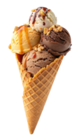 Stack of ice cream scoops with caramel swirl png