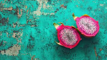 Two halves of a dragon fruit sit on a textured turquoise background, showcasing vivid pink flesh and tiny black seeds. This tropical fruit adds color to any culinary presentation photo