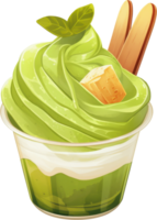 Colorful Cartoon Style Green Ice Cream Dessert Cup with Toppings and Swirls png