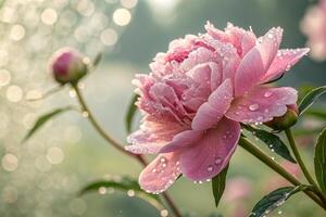 beautiful pink peony with dew drops on the petals photo