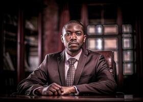 a man in a suit sitting at a desk photo