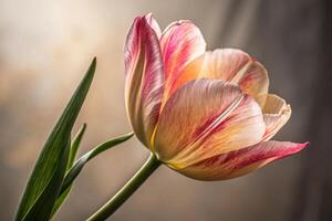 a single pink and white tulip is shown in front of a dark background photo