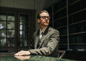 a man in glasses sits at a desk in front of bookshelves photo