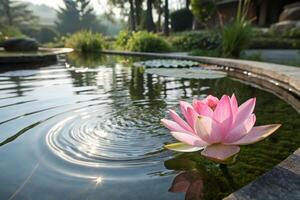 a pink lotus flower is floating in a pond photo