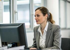 a woman in a business suit is working on her computer photo