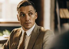 a man in a suit and tie sitting table photo
