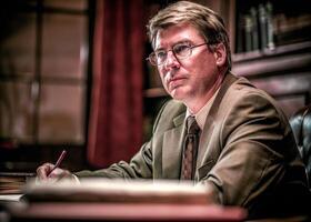 a man in glasses and a suit sitting at a desk photo