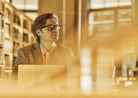 a man in glasses sits at a desk in a library photo