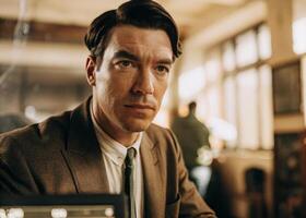 a man in a suit and tie sitting desk photo