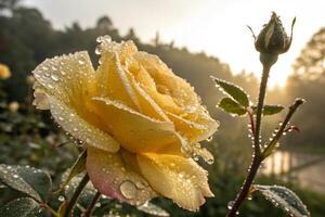 yellow rose with dew drops on it in the morning photo