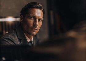 a man in suit and tie sitting at a desk photo