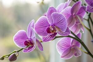 purple orchids are in front of a window photo
