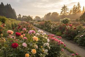 a path through a garden with many roses photo