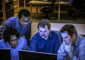 three men and a woman looking at a computer screen photo