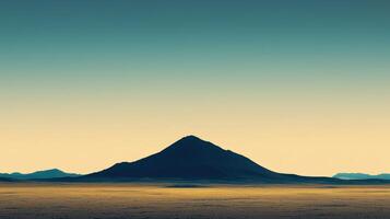 A silhouette of a mountain stands proudly at dusk, surrounded by an expansive landscape. The gradient sky transitions from deep blue to soft hues, creating a serene atmosphere photo
