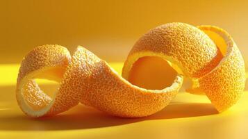 A vibrant orange citrus peel curls elegantly on a bright yellow background, highlighting its texture and vivid colors. The light creates a striking visual effect with shadows photo