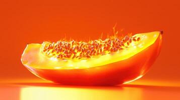 A beautifully lit papaya slice rests against a dramatic orange background, highlighting its natural colors and texture. The seeds add an interesting detail to this tropical fruit photo