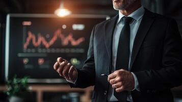A business professional in a suit engages in a discussion while presenting financial graphs on a digital screen. The atmosphere is focused and indicative of a strategy meeting photo