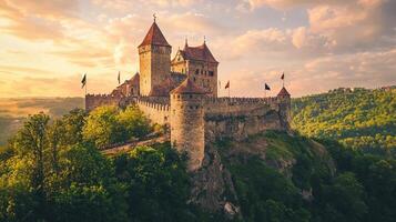 A stunning medieval castle stands proudly on a hill, surrounded by vibrant green trees. The sky is painted with warm hues as the sun sets, creating an enchanting atmosphere photo