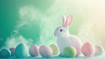 A fluffy white bunny sits beside an array of pastel-colored Easter eggs, creating a charming and playful atmosphere with a dreamy background. Soft light adds to the whimsical feel photo