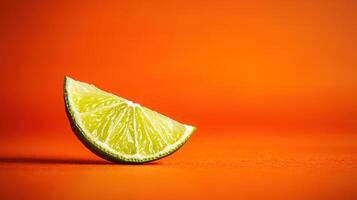 A bright green lime slice rests against a vivid orange background, highlighting the fruit's juicy texture and the striking color combination that enhances its freshness photo