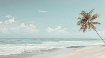 A tranquil tropical beach features gentle waves lapping against the shore, a leaning palm tree stands tall, while fluffy clouds float in a pale blue sky, creating a peaceful atmosphere photo