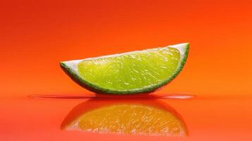 A vibrant lime slice sits on a smooth orange surface, showcasing its glossy skin and juicy interior. The lighting highlights the freshness of the fruit, creating an engaging visual photo