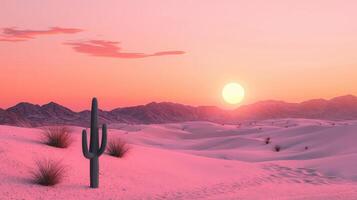 A stunning desert landscape showcases a bright sunset with hues of pink and orange. A solitary cactus stands tall near the pink sand dunes, creating a serene atmosphere photo