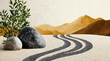 A tranquil desert landscape features a variety of stones, green plants, and smooth, winding paths across softly textured sands. The warm hues of the mountains create a calming atmosphere photo