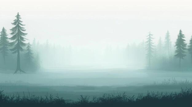 Soft mist blankets a tranquil forest at dawn, with silhouettes of tall pine trees rising through the fog, and a still pond reflecting the muted light of early morning photo