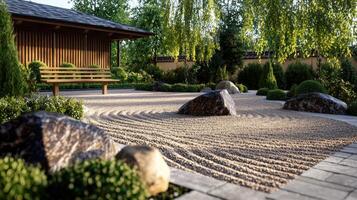 A serene Zen garden features meticulously raked gravel, large smooth rocks, and vibrant greenery, creating a peaceful atmosphere perfect for relaxation during daytime photo