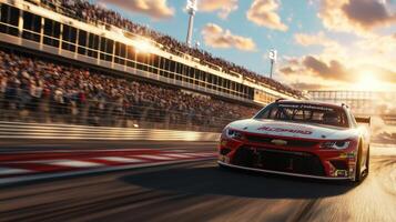 A sleek race car speeds around a track, showcasing its design and power as it competes in a thrilling NASCAR race. The grandstand is filled with cheering fans as the sun sets photo