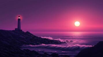 A serene coastal view features a vibrant sunset with hues of purple and orange. Waves crash against rocks while a lighthouse stands tall, casting a warm light on the water photo