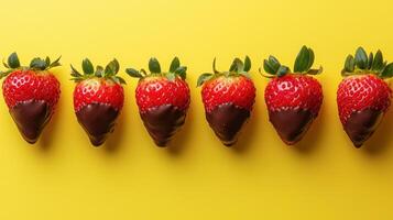 Bright red strawberries coated in smooth chocolate sit in a perfect row against a cheerful yellow backdrop. This sweet combination is ideal for celebrations and snacks photo