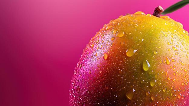 A ripe mango with a mix of yellow and red hues is covered in water droplets, set against a bright pink backdrop. The shiny surface highlights its freshness and juiciness photo