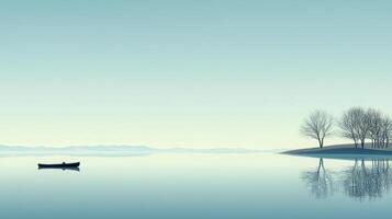 A kayaker paddles gently on a glassy lake at dawn, surrounded by soft colors reflecting off the water. Bare trees stand on a distant shore, enhancing the peaceful atmosphere photo