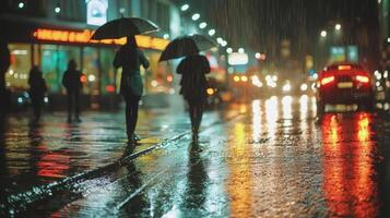 Two individuals walk under umbrellas along a vibrant city street illuminated by colorful lights reflecting off wet pavement during a nighttime rain photo