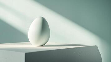 A simple white egg rests on a pedestal, illuminated by gentle daylight streaming through an unseen window, creating a calm, tranquil atmosphere in the setting photo
