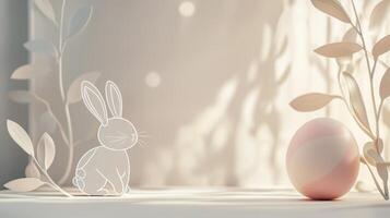 A cute bunny illustration sits next to a pastel-colored egg, surrounded by soft foliage. The gentle light creates a tranquil spring atmosphere perfect for seasonal decor photo