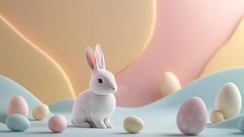 A charming white rabbit sits amidst an array of pastel-colored Easter eggs on a smooth, colorful background. The whimsical scene captures the essence of spring festivities photo